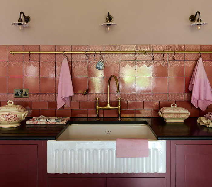 Red cupboard with porcelain sink