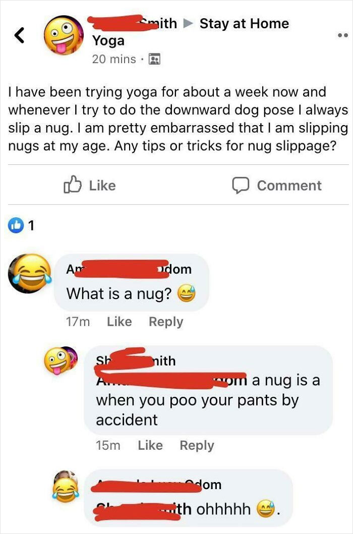 On My Yoga Facebook Group, This Woman Keeps "Slipping Nugs."