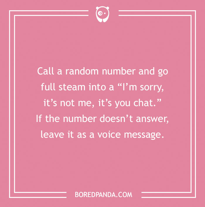 Text on a pink background with a funny dare about calling a random number and leaving a breakup message.