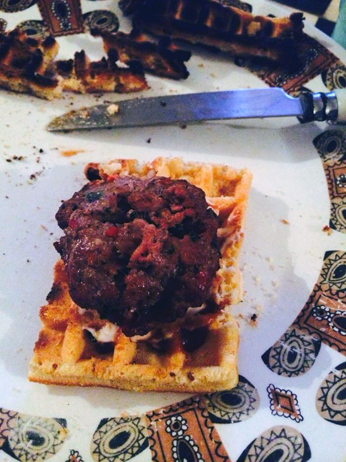 Strange Pregnancy Craving Nr. 54 - Spicy Beef Patty On Burnt Waffle Drenched In Mayo And BBQ Sauce