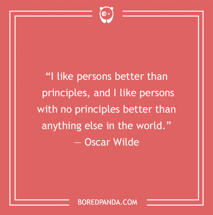 Oscar Wilde funny quote about principles on a pink background.