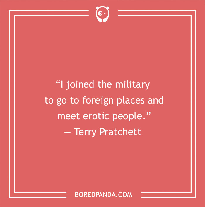 Terry Pratchett quote showcasing writers' wit with humor on a red background.