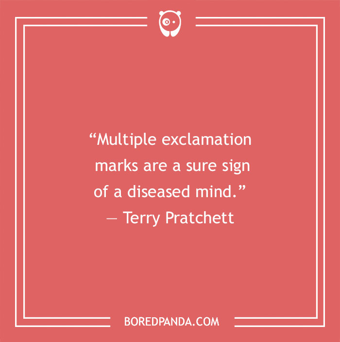 Terry Pratchett quote on humor and wit from books, highlighting the use of exclamation marks.
