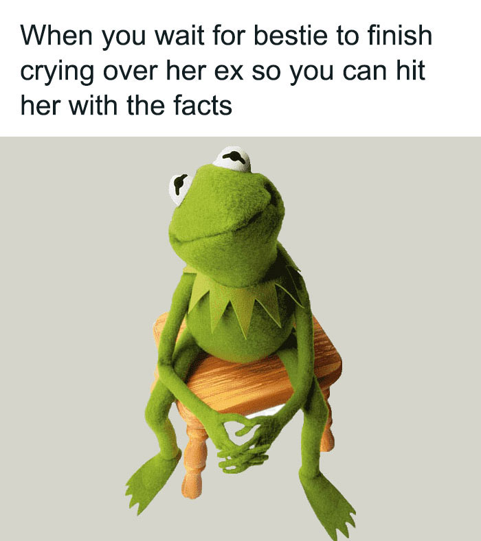 Kermit sitting on a chair, waiting with a funny caption about relatable friendship moments.