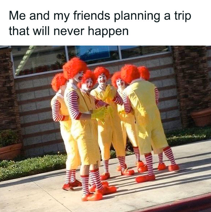 A group of people dressed as clowns, humorously depicting relatable friendship moments.