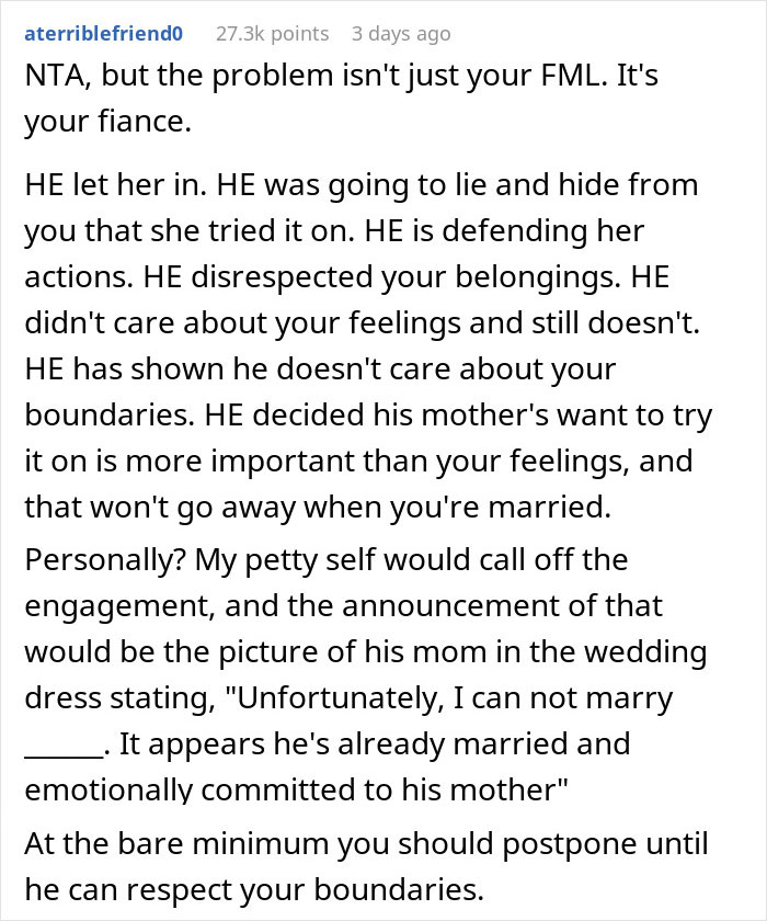 Woman's Fiancé Lets His Mom Try On Her Wedding Dress, Knowing She Would Be Livid, Drama Ensues Woman's Fiancé Lets His Mom Try On Her Wedding Dress, Knowing She Would Be Livid, Drama Ensues