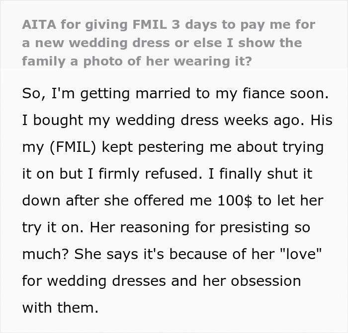 Woman's Fiancé Lets His Mom Try On Her Wedding Dress, Knowing She Would Be Livid, Drama Ensues Woman's Fiancé Lets His Mom Try On Her Wedding Dress, Knowing She Would Be Livid, Drama Ensues