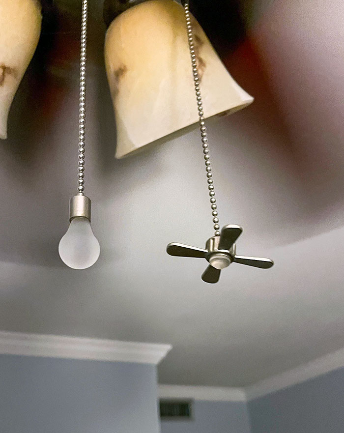 Fan Pull Chains That Have A Light Bulb And Fan Blades At The End To Indicate Which Chain To Pull