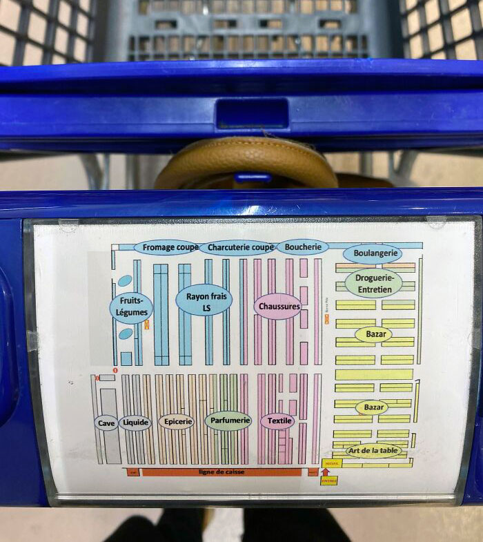 Carro de compras en Francia con un mapa del supermercado en él