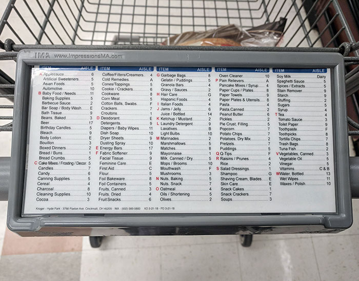 This Grocery Store's Carts Have A List Of Common Items And The Aisle They Are Found In