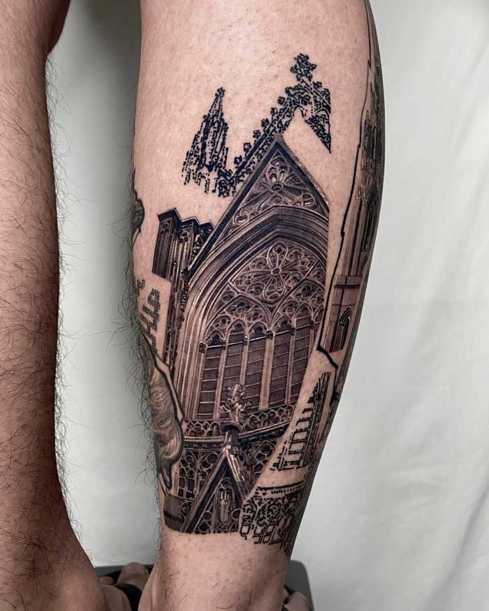 Cathedral with details surrounding it Calve Tattoo