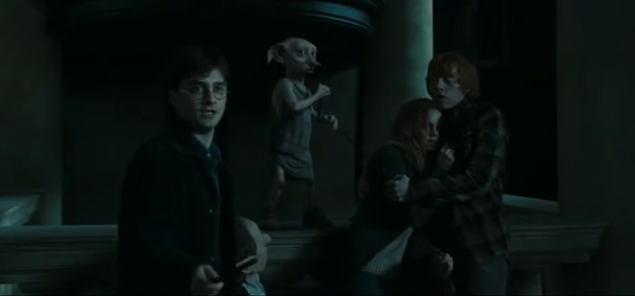 Dobby, Harry, Ron and Hermione in the scare