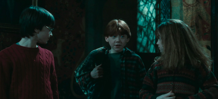 Ron telling something to Harry and Hermione