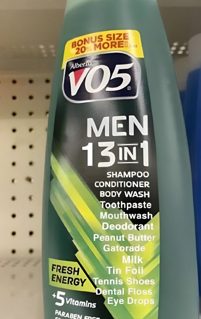 Bottle of Alberto VO5 men’s 13 in 1 shampoo and conditioner combining multiple personal care products beyond the internet.