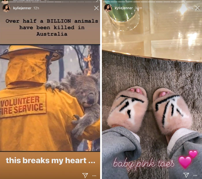 Kylie's Instagram Story Straight After She Cried About Koalas Dying. Her Slippers Are Made Of The Mink Fur