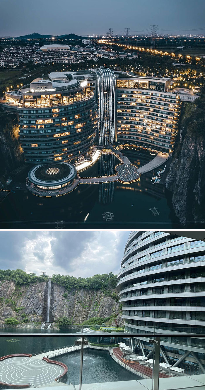 In Shanghai, A Unique Underground Hotel. It Utilizes An Abandoned Quarry And The Bottom Two Levels Are Completely Underwater
