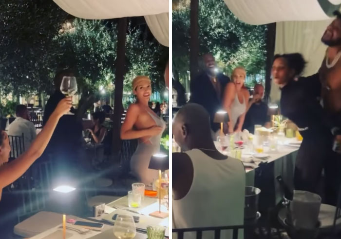 Bianca Censori in a daring outfit at a lively dinner event, surrounded by people celebrating under a canopy of trees. Bianca Censori in a daring outfit at a lively dinner event, surrounded by people celebrating under a canopy of trees.