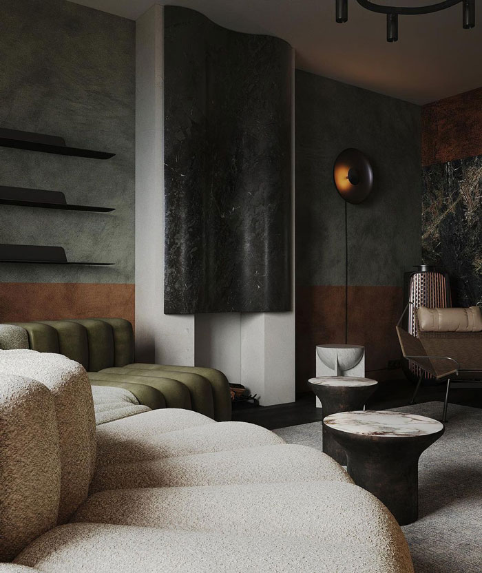 Dark colored living space with modern furniture and unique textured walls showcasing living room ideas and design. Dark colored living space with modern furniture and unique textured walls showcasing living room ideas and design.