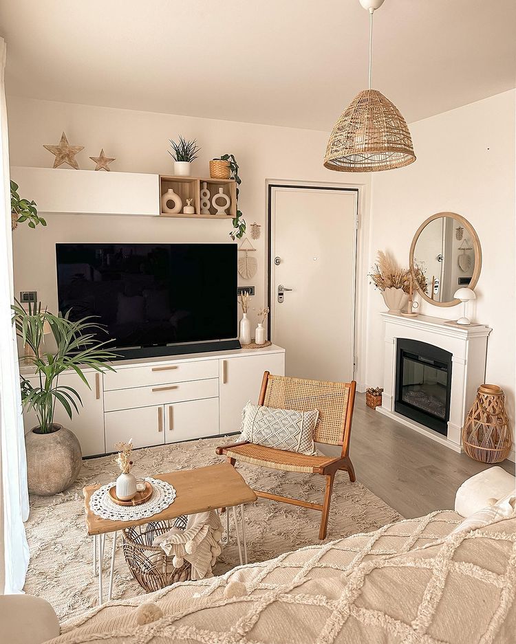 Boho style beige colored living room with rattan details