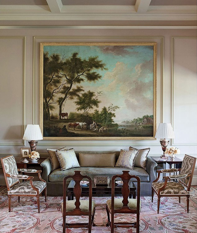 Vintage style living room with big painting on the wall and vintage furniture