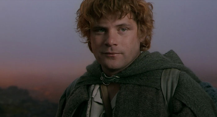 Samwise Gamgee smiling on the sunrise backgrounds