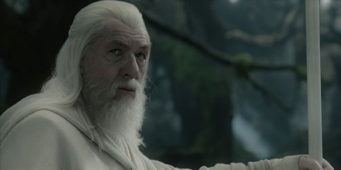 Gandalf with a staff in his hand