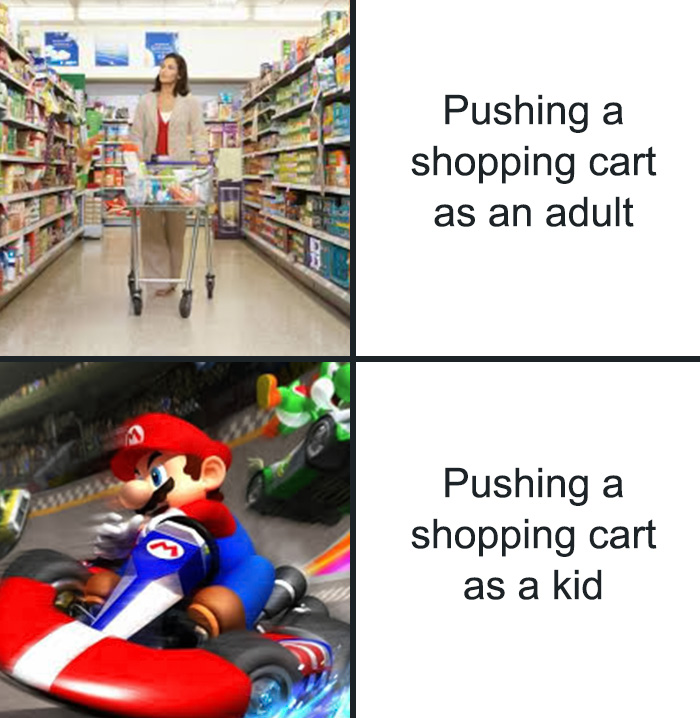 Pushing cart as an adult and as a kid