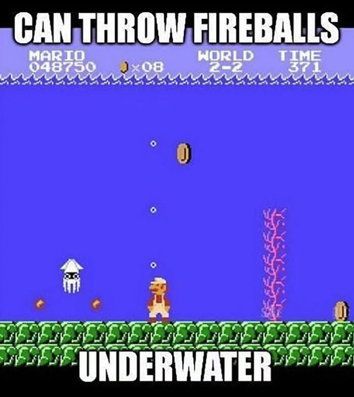 Mario throws fireballs underwater