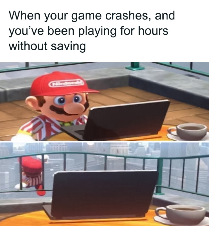 Mario didn't save his game before it crashed and jumped off the roof