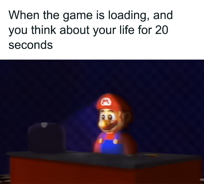 Mario in a dark room thinks of his life for 20 seconds while the game is loading