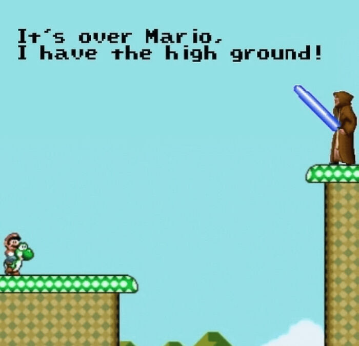 Mario with Yoshi on low ground against monk with light sword on high ground