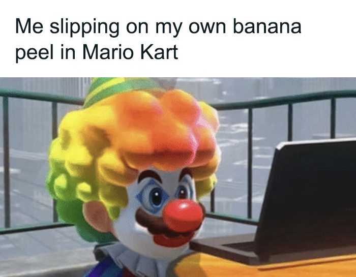 Mario is a clown and sits near computer