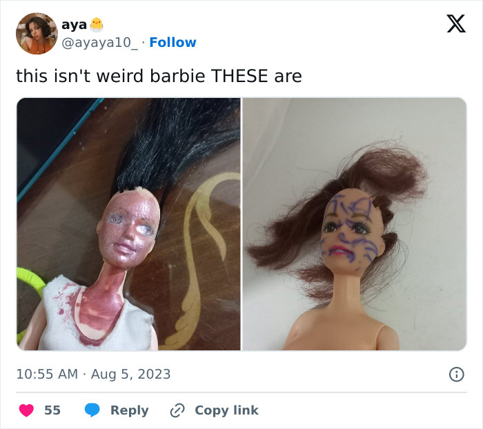 Two dolls with altered appearances resemble a fan's interpretation of a movie-inspired Weird Barbie by Mattel. Two dolls with altered appearances resemble a fan's interpretation of a movie-inspired Weird Barbie by Mattel.