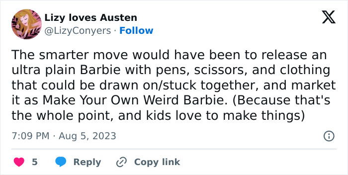 Tweet about creating a customizable Barbie inspired by the Weird Barbie movie concept. Tweet about creating a customizable Barbie inspired by the Weird Barbie movie concept.