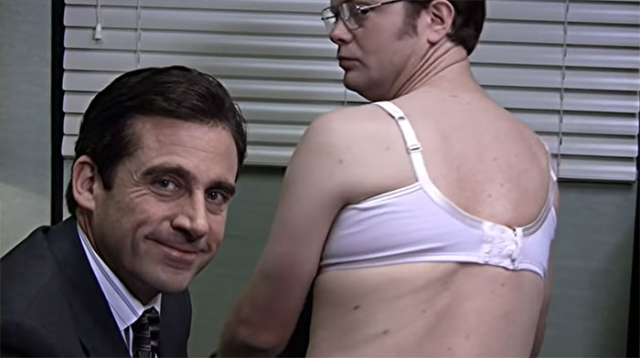 Michael Scott and Dwight teaching how to take off a woman's bra