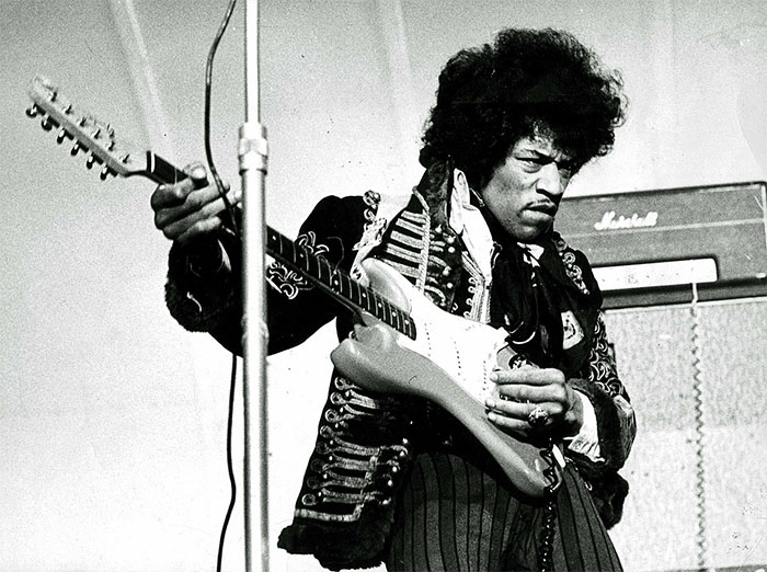 White and black portrait of Jimi Hendrix in 1967