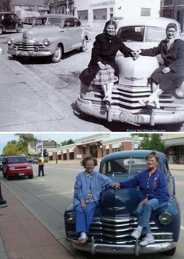 Sentadas en su Chevrolet de 1947, y 63 años después