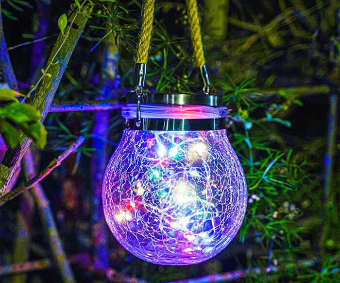 Rope-based hanging solar ball with colorful fairy lights
