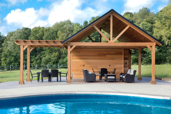 wooden pergola attached to the patio beside swimming pool
