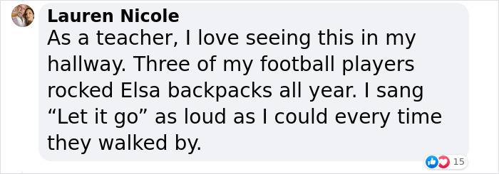 Teacher enjoys high school seniors with kindergarten backpacks, including Elsa-themed ones, in school hallways. Teacher enjoys high school seniors with kindergarten backpacks, including Elsa-themed ones, in school hallways.