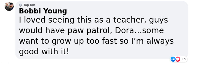 Comment from a teacher about high school seniors with kindergarten backpacks, mentioning Paw Patrol and Dora. Comment from a teacher about high school seniors with kindergarten backpacks, mentioning Paw Patrol and Dora.