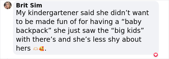 Text message about high school seniors wearing kindergarten backpacks, making a kindergartener less shy about hers. Text message about high school seniors wearing kindergarten backpacks, making a kindergartener less shy about hers.