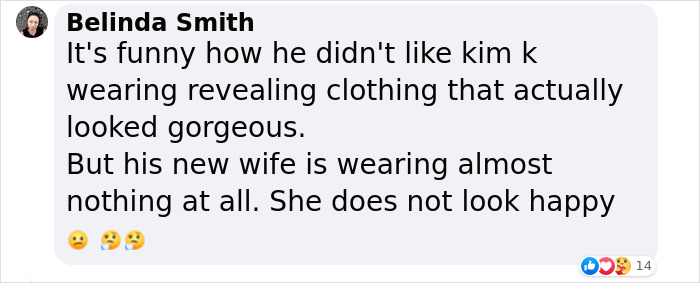 Comment discussing Bianca Censori's revealing outfit, comparing it to Kim K's style. Emojis convey surprise and contemplation. Comment discussing Bianca Censori's revealing outfit, comparing it to Kim K's style. Emojis convey surprise and contemplation.