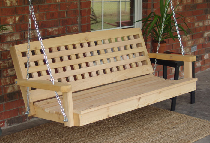 A chain-based lattice wooden porch swing