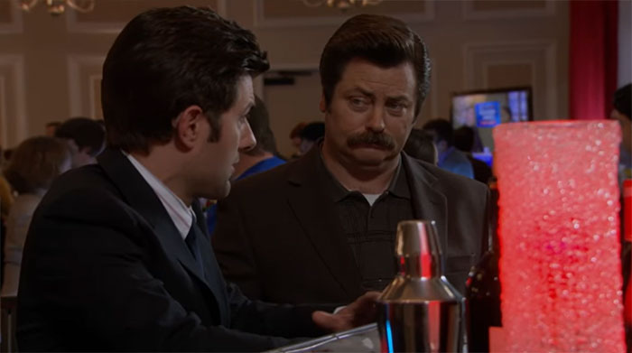 Ron Swanson talking with Ben Wyatt