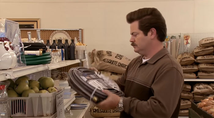 Ron Swanson is shopping at Food and Stuff store