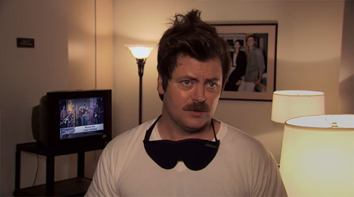 Ron Swanson with a sleeping mask 