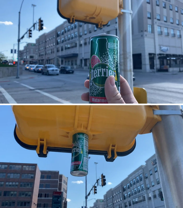 Slim Perrier Fits Perfectly Into The Bottom Of A Crosswalk Sign