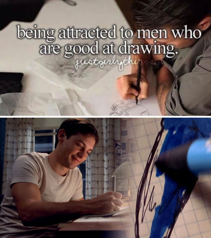 Spiderman meme showing a man drawing and smiling, humorously highlighting artistic attraction.