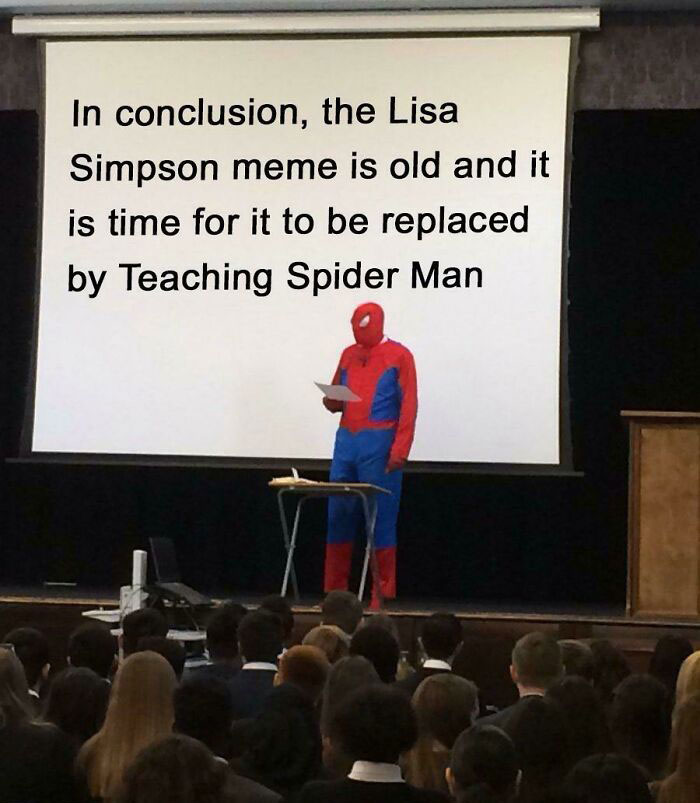 Spiderman meme presentation, person in Spiderman costume addressing an audience with humorous text on screen.